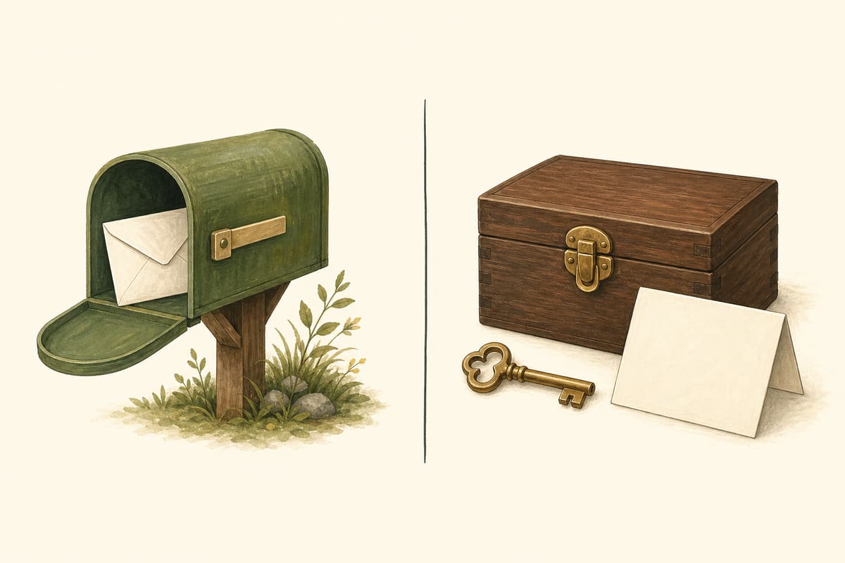 A public mailbox is contrasted with a private key, closed box, and blank recovery backup